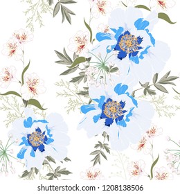 Floral Seamless Pattern with blue Peony Flowers and lilies. Spring Blooming for Fabric, Prints, Wedding Decoration, Invitation, Wallpapers. Vintage white background.