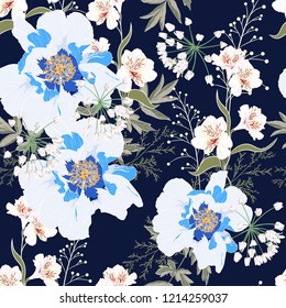 Floral Seamless Pattern with blue Peony Flowers and lilies. Spring Blooming for Fabric, Prints, Wedding Decoration, Invitation, Wallpapers. Vintage dark blue background.
