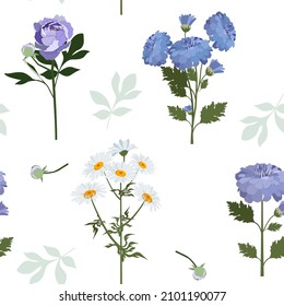 Floral seamless pattern. Blue peony, chrysanthemum and chamomile on a white background. Vector illustration. For decoration textile, packaging, wallpaper.