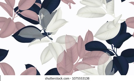 Floral seamless pattern, blue, pink and white Ficus Elastica / rubber plant on white background