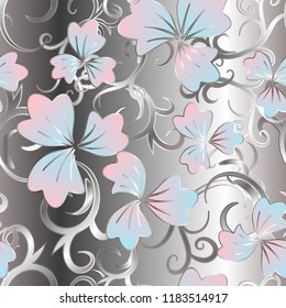 Floral seamless pattern, blue pink flowers on silver background