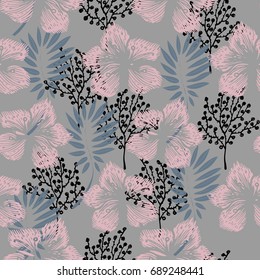 Floral seamless pattern with blue and pink flowers and leaves. Flower vector. 