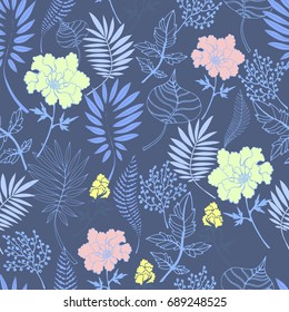 Floral seamless pattern with blue and pink flowers and leaves. Flower vector background. Plant elements.