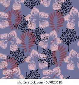 Floral seamless pattern with blue and pink flowers and leaves. Flower vector. 