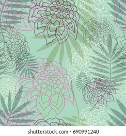 Floral seamless pattern with blue and pink flowers and leaves. Flower vector background. Tropical delicate image.
