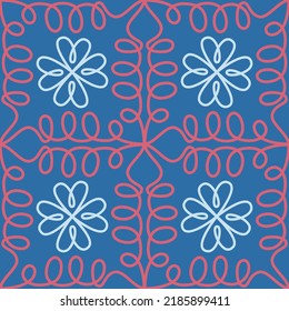 Floral seamless pattern blue red swirl contrast color abstract background for design