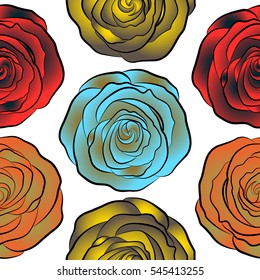 The floral seamless pattern in blue, red and yellow colors over white background. Fabric texture pattern with seamless rose flowers. Vector illustration. Flower pattern of multicolored rose flowers.