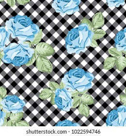Floral seamless pattern. Blue roses on black and white gingham, chequered background. Vector illustration.