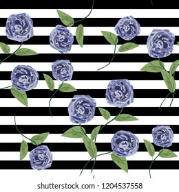 Floral seamless pattern, Blue roses on black-white striped  background. 
Stylish floral print, vector illustration