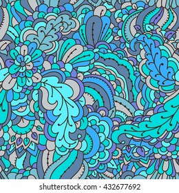 Floral seamless pattern in blue shades. Abstract herbal pattern for textiles. Intricate plants seamless pattern.