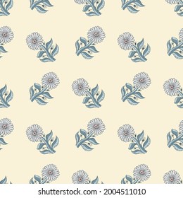 Patrón floral sin fisuras con elementos de girasol azul. Fondo claro. Fondo veraniego de estilo dibujado a mano. Ilustración vectorial para impresiones textiles estacionales, tela, carteles, telas de fondo y papel pintado.
