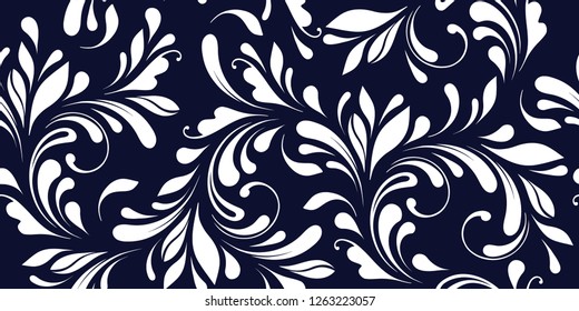 Floral seamless pattern. Blue swirly background for fabric, wrapping, wallpaper and paper. Decorative winter print.