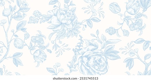 Floral seamless pattern. Blue and white textile design. Climbing plants print. Toile de jouy flowers wallpaper, pattern, background. Nature gentle seamless pattern. Vector pattern