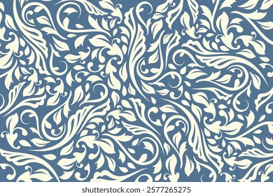 Floral seamless pattern. Blue and white textile design. Climbing plants print. Toile de jouy flowers wallpaper, pattern, background. Nature gentle seamless pattern. Vector pattern