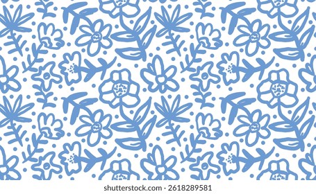 Floral seamless pattern. Blue and white textile design. Summer plants print. Flowers wallpaper, pattern, background. Nature gentle seamless pattern. 
