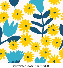 Floral seamless pattern in blue and yellow on cream background.