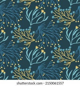 Floral seamless pattern with blue and yellow flowers on a dark blue background. Modern design for wallpaper, textile, background, wrapping paper.