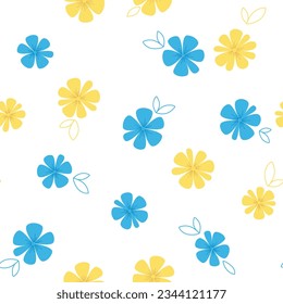 Floral seamless pattern. Blue and yellow flowers, leaves in decorative style. Vector design for paper, cover, fabric, interior decor, card, print and web.