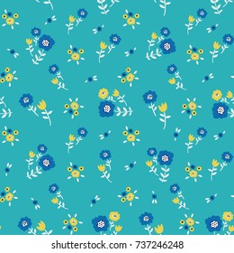 Floral seamless pattern with blue and yellow flowers on teal background. Ditsy floral background. Elegant and tender vector illustration for print, scrapbooking etc