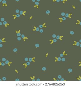 Floral seamless pattern with blueberries and leaves on dark green background. Perfect for wallpaper, gift paper, seasonal greeting cards. Vector hand drawn illustration