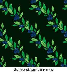 Floral seamless pattern with blueberries. Vector illustration. Black background.