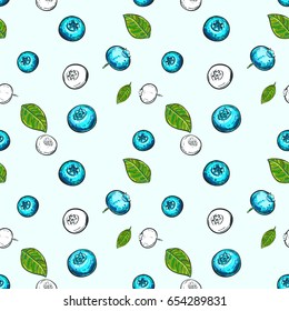 Floral seamless pattern of a blueberry.vector hand drawn illustration on blue background.