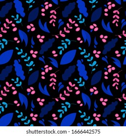 Floral seamless pattern. Botanical backdrop. Flat design for use as background, wrapping paper, textile print, or wallpaper. Dark background.