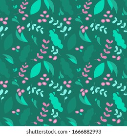Floral seamless pattern. Botanical backdrop. Flat design for use as background, wrapping paper, textile print, or wallpaper. Dark background.