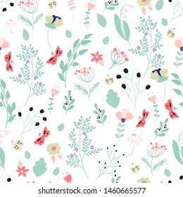 Floral seamless pattern. Botanical background for wrapping paper, textile print, wallpaper. Vector illustration.