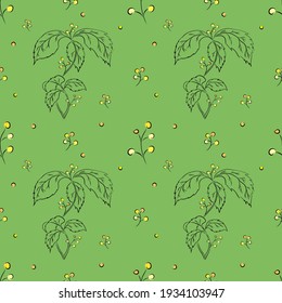 Floral seamless pattern. Botanical background with leaves and yellow buds. Hand-drawn illustration. For postcards, wrapping paper, textiles, fabric.