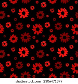 Floral seamless pattern. Botanical fabric print template. Vector illustration with red camomile flowers on black background. Rustic pattern.