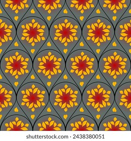 Floral seamless pattern. Botanical fabric print template. Vector illustration with yellow leaves on a gray background.