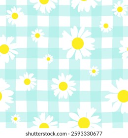 Floral seamless pattern. Botanical fabric print template. Vector illustration with white camomile flowers. 