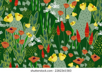 Floral seamless pattern botanical seamless pattern hand drawing cactus wild flower meadow vector illustration design for interior textile fabric fashion poppy hydrangea and leaves