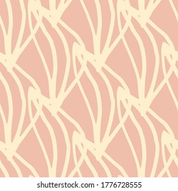 Floral seamless pattern with botanical leafs. Herbal elements in beige color on pink background. Modern design for fabric, textile print, wrapping paper. Vector illustration