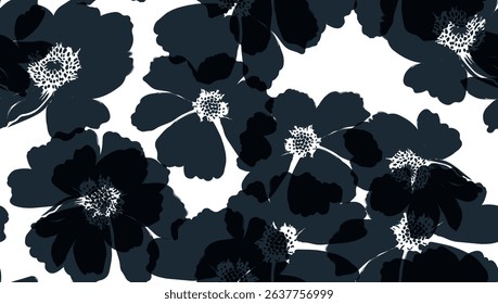 Floral Seamless Pattern. Botanical Minimalist Abstract Pattern. Trendy Contemporary Print with Dark Blue Flowers. Vector Fashionable Repeat Template for Design. 