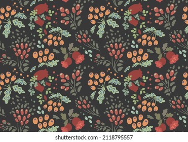 Floral seamless pattern. Botanical print on black background.