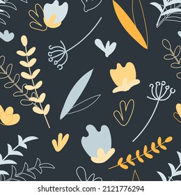 Floral seamless pattern. Botanical repeating background with abstract shapes and flowers. Design for print. Hand drawn vector illustration