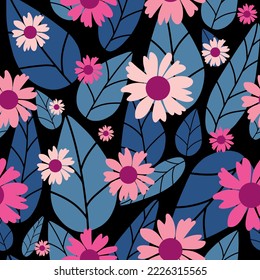 Floral seamless pattern. Botanical rustic fabric print template. Vector illustration with camomile flowers and leaves. 