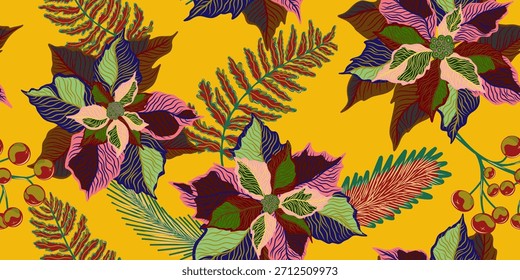 Nahtloses Blumenmuster. Botanisch stilisierte handgezeichnete Naturmotive, Weihnachtsstern, Poinsettiapflanzen. Stoffdruck, Tapete und Oberflächen