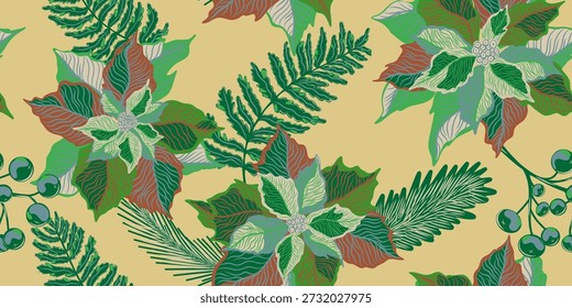 Patrón floral sin fisuras. Botánico estilizado dibujado a mano motivos de la naturaleza, estrella de Navidad, plantas de flor de Pascua. Impresión de la tela, Fondo de pantalla y superficies