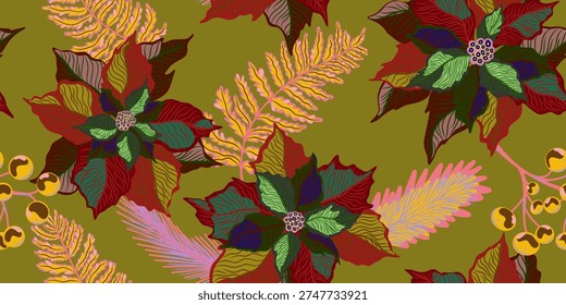 Floral seamless pattern. Botanical stylized hand-drawn nature motifs, Christmas star, poinsettia plants. Fabric print, wallpaper and surfaces