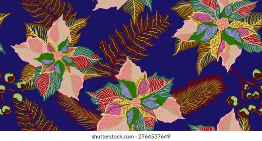 Floral seamless pattern. Botanical stylized hand-drawn nature motifs, Christmas star, poinsettia plants. Fabric print, wallpaper and surfaces