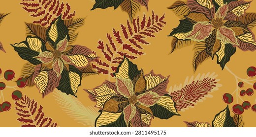 Floral seamless pattern. Botanical stylized hand-drawn nature motifs, Christmas star, poinsettia plants. Fabric print, wallpaper and surfaces
