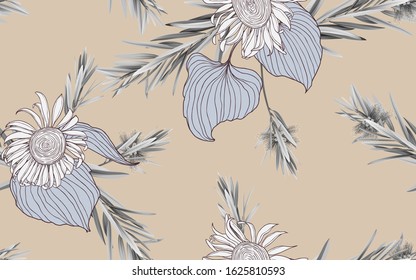 Floral seamless pattern, bottle brush leaves and sunflower in brown tones