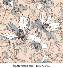 Floral seamless pattern. A bouquet of flowers and leaves of clematis