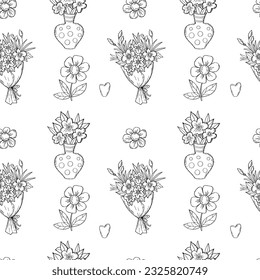 Floral seamless pattern. Bouquet of flowers, daisies in vase on white background with hearts. Vector Illustration. modern art linear hand drawn for wallpaper, design, textile, packaging, decor