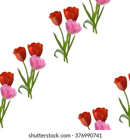 Floral seamless pattern with bouquets of beautiful tulips on white background, vector illustration.