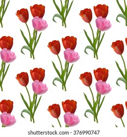Floral seamless pattern with bouquets of beautiful tulips on white background, vector illustration.