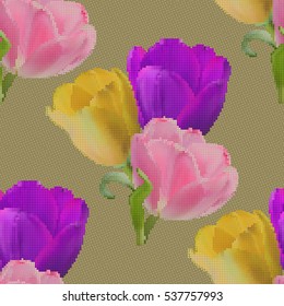 Floral seamless pattern with bouquets of beautiful tulips on green background, Halftone effect. Vector illustration.